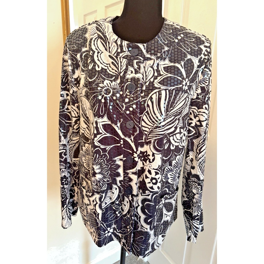 Alfred Dunner Blazer Jacket 14 Navy Blue Floral, Sparkle, Party, Work,‎ Designer